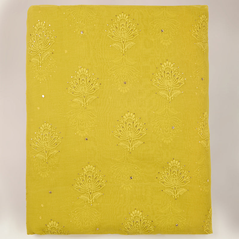 Lime Green Chanderi Lucknowi Embroidered Fabric with Badla Work