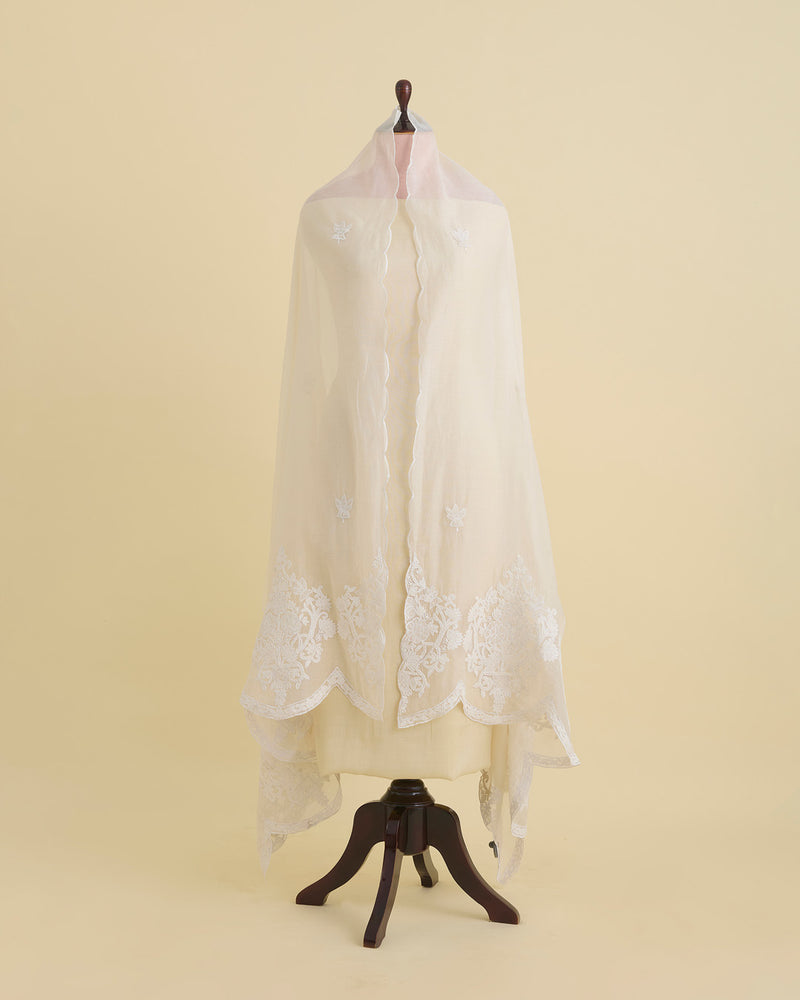 Natural Fine Chanderi Dupatta with Resham Motifs & Velvet Applique