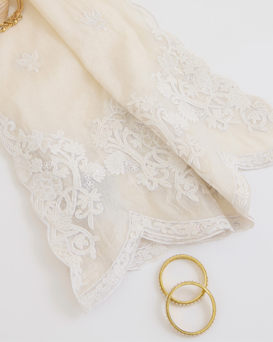 Natural Fine Chanderi Dupatta with Resham Motifs & Velvet Applique