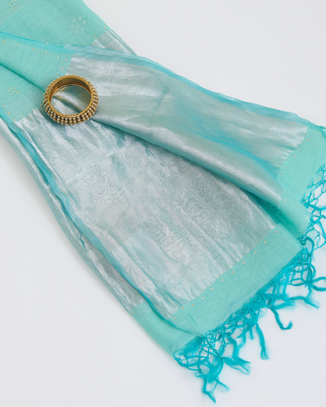 Aqua Fine Chanderi Dupatta with Rose Gold Pallu Badla Work