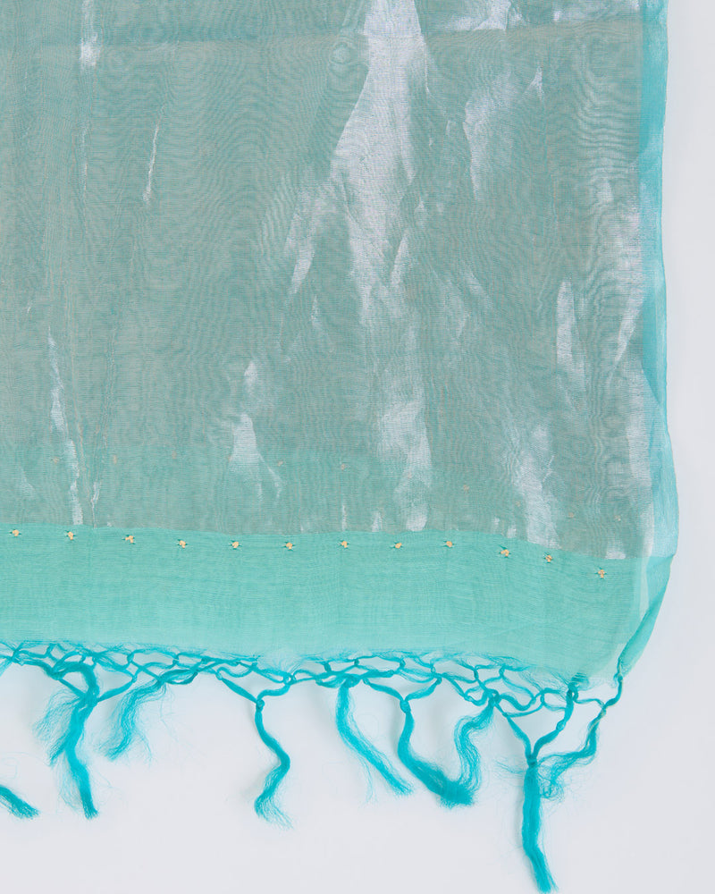 Aqua Fine Chanderi Dupatta with Rose Gold Pallu Badla Work