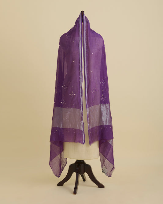 Dark Purple Fine Chanderi Dupatta with Silver Pallu & Badla Work