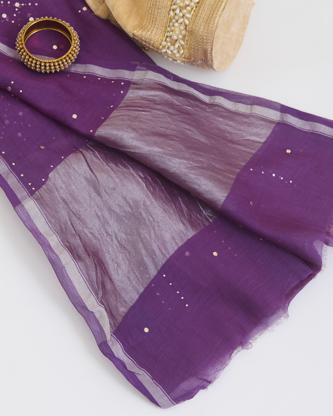 Dark Purple Fine Chanderi Dupatta with Silver Pallu & Badla Work