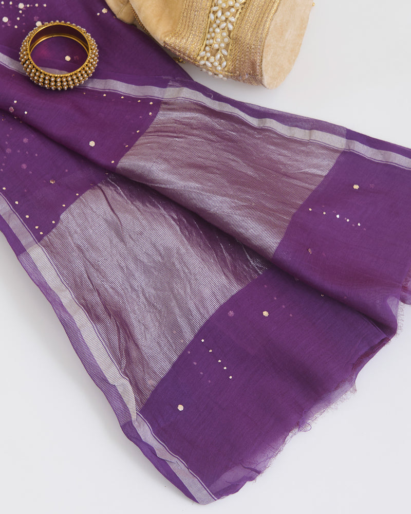 Dark Purple Fine Chanderi Dupatta with Silver Pallu & Badla Work