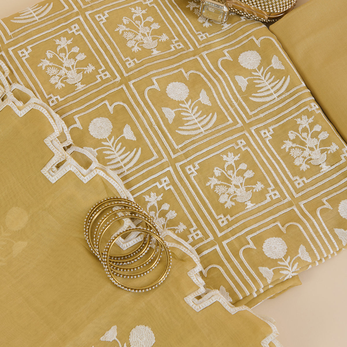 Beige Gold Fine Chanderi Thread Embroidered Jaal Kurta Set