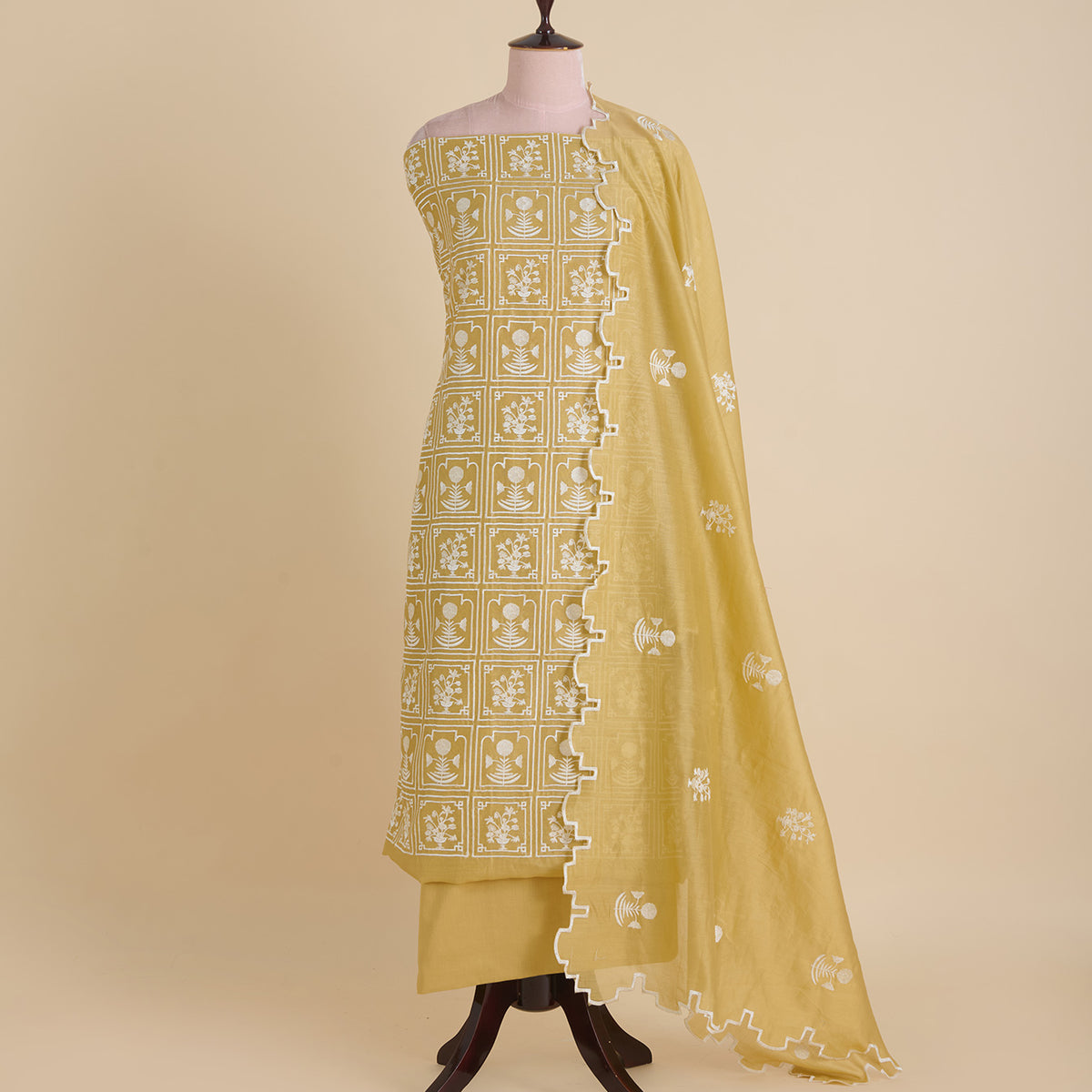 Beige Gold Fine Chanderi Thread Embroidered Jaal Kurta Set