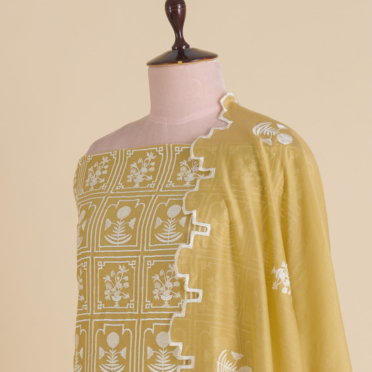 Beige Gold Fine Chanderi Thread Embroidered Jaal Kurta Set