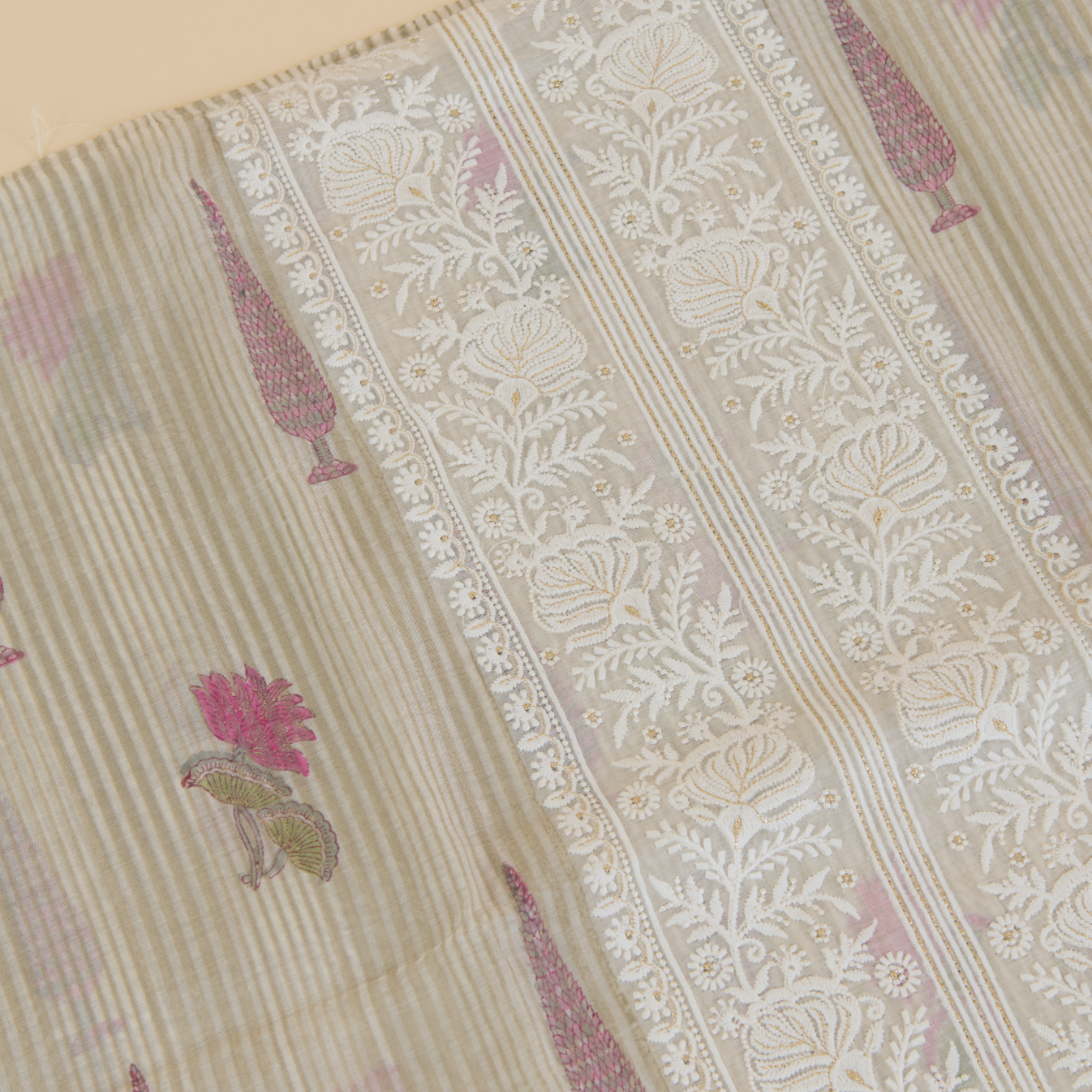 Beige Pink Fine Chanderi Printed Suit with Zari Panel