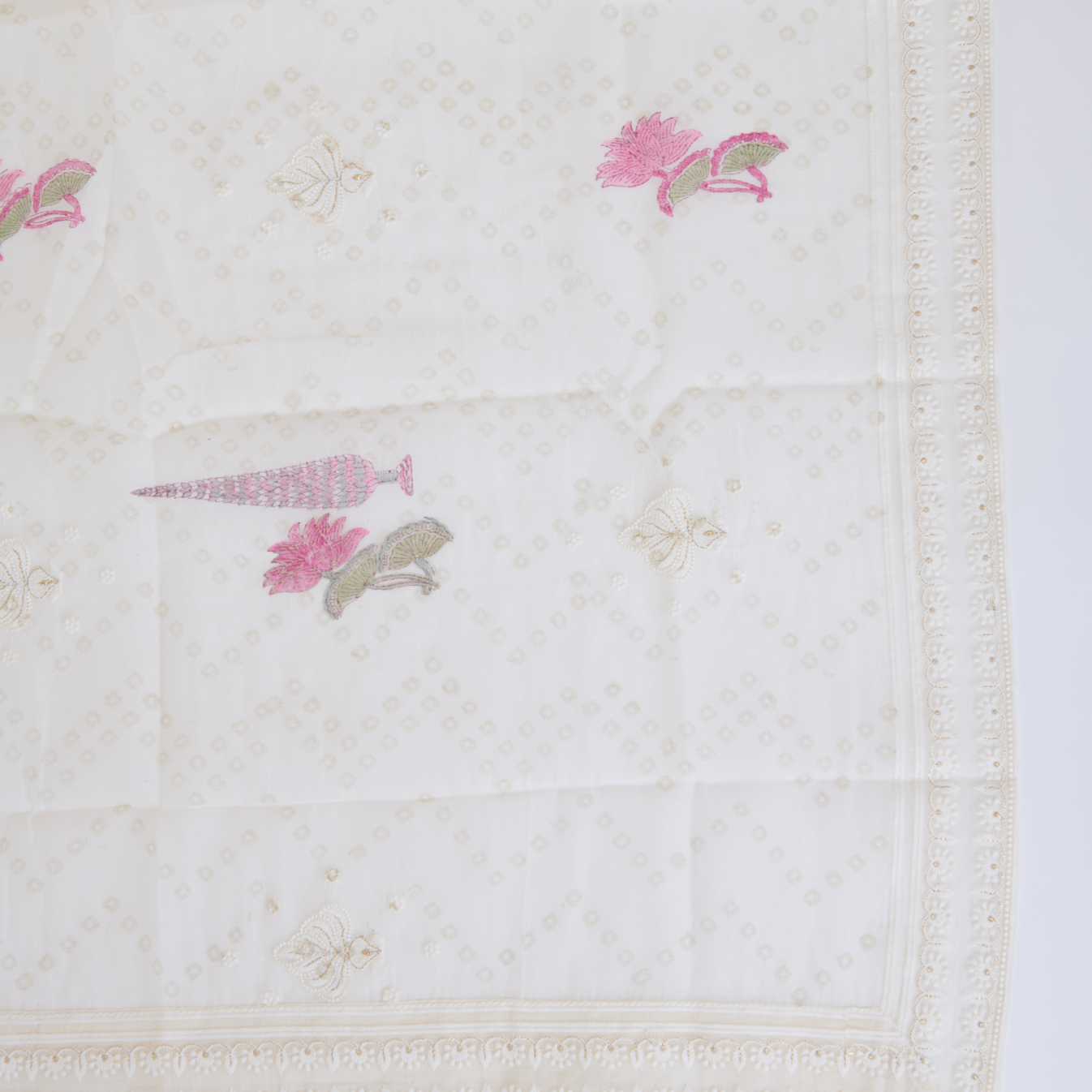 Beige Pink Fine Chanderi Printed Suit with Zari Panel