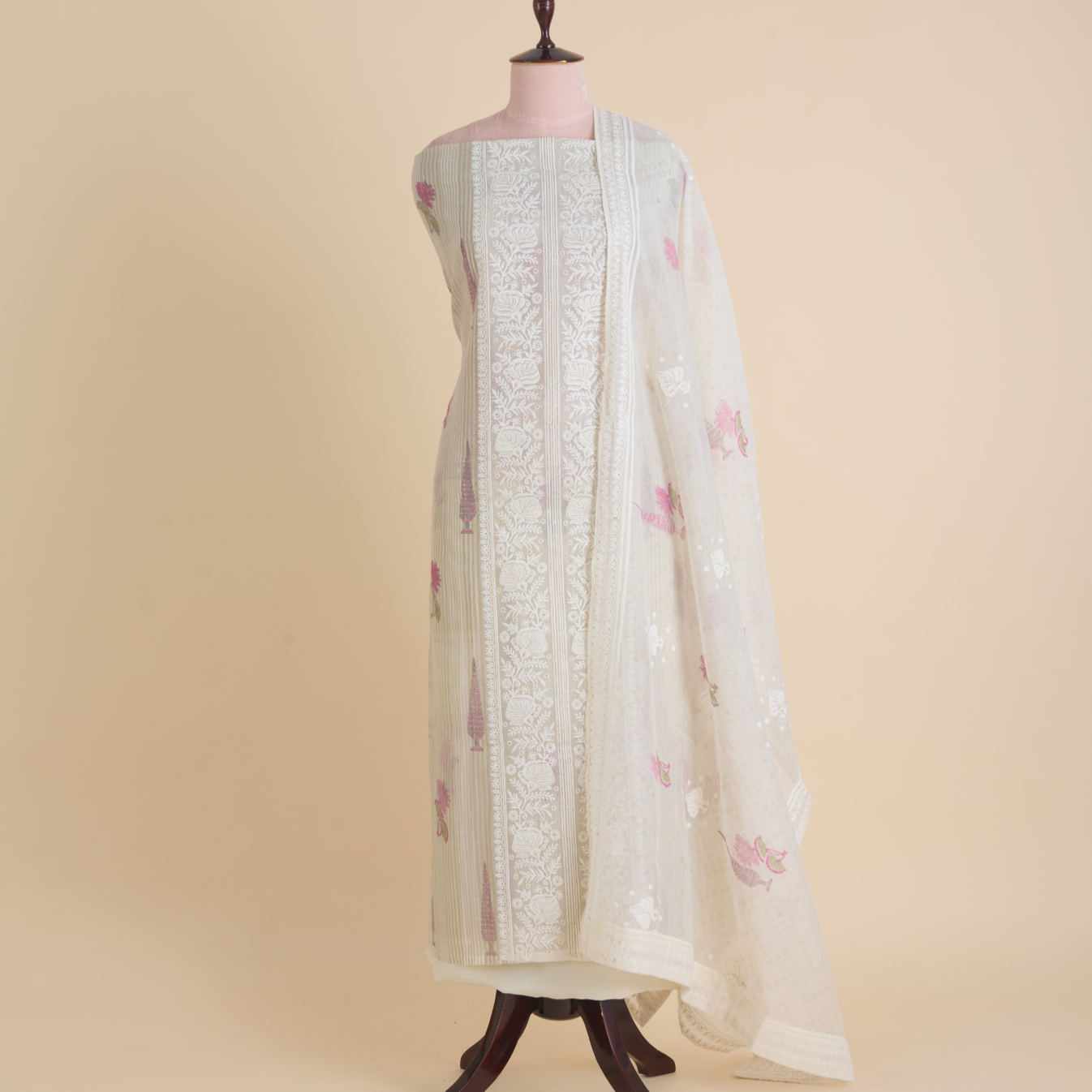 Beige Pink Fine Chanderi Printed Suit with Zari Panel