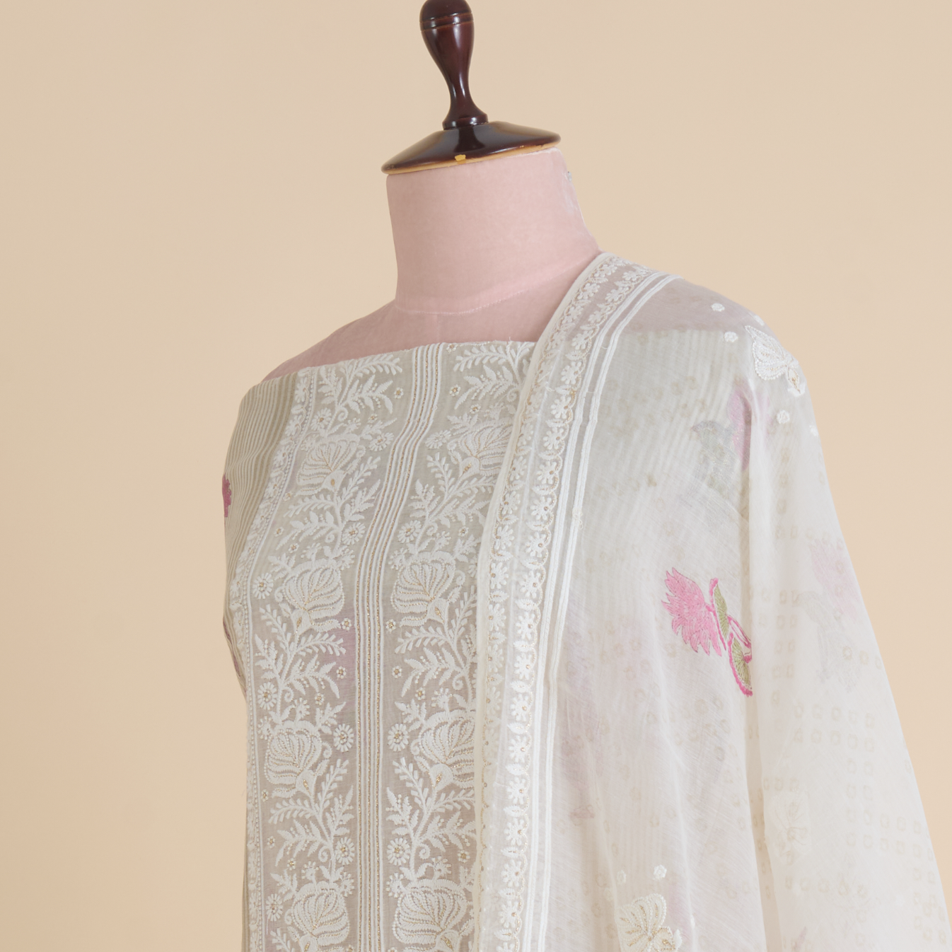 Beige Pink Fine Chanderi Printed Suit with Zari Panel