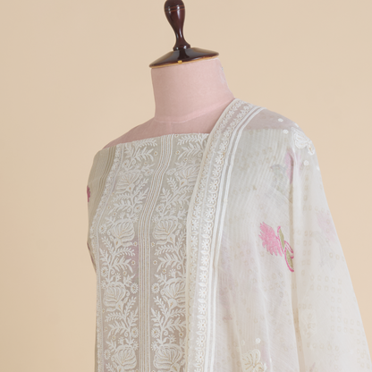 Beige Pink Fine Chanderi Printed Suit with Zari Panel