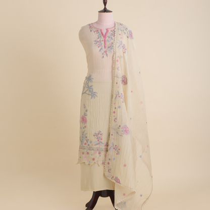 Beige Fine Chanderi Thread & Stone Embroidered Kurta Set