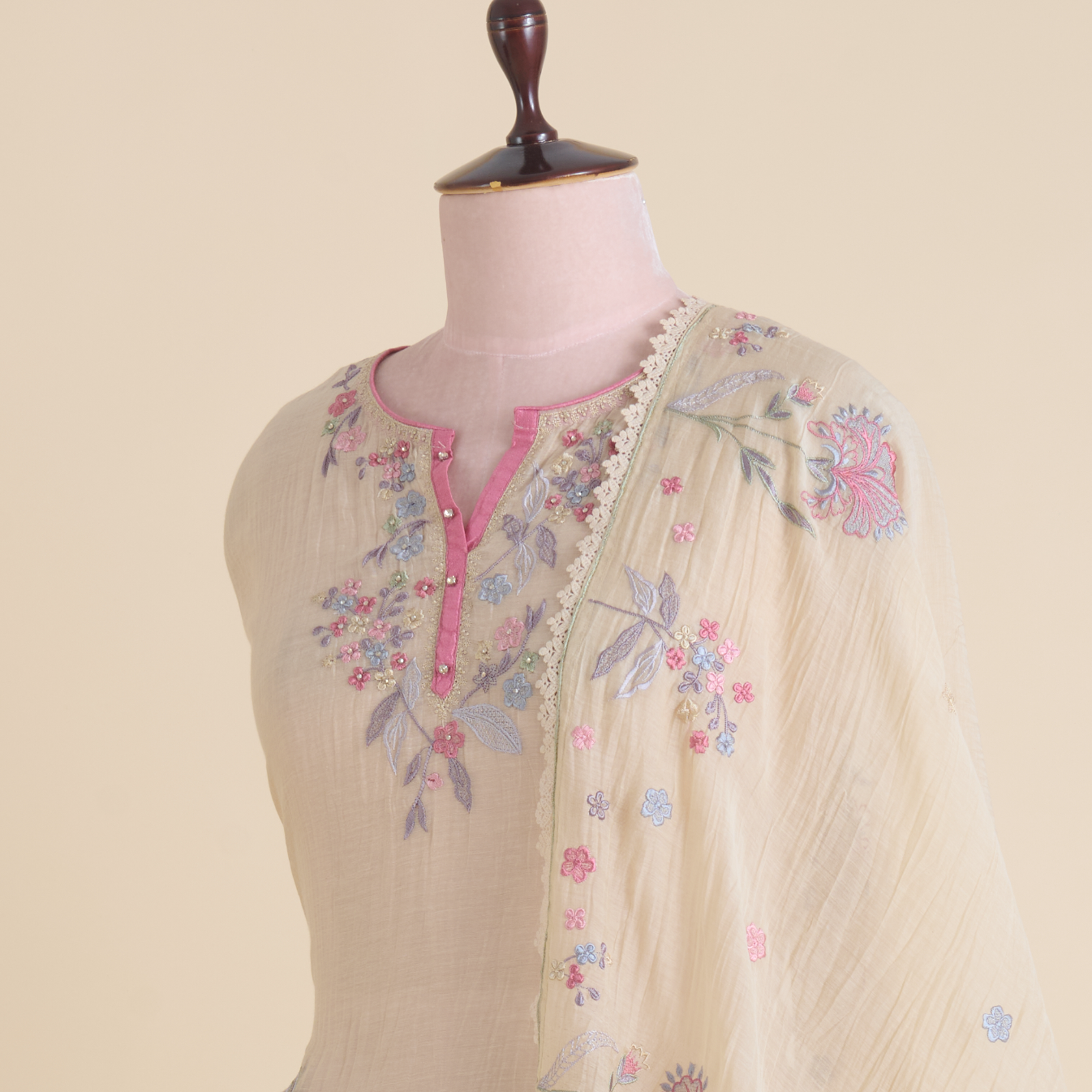 Beige Fine Chanderi Thread & Stone Embroidered Kurta Set