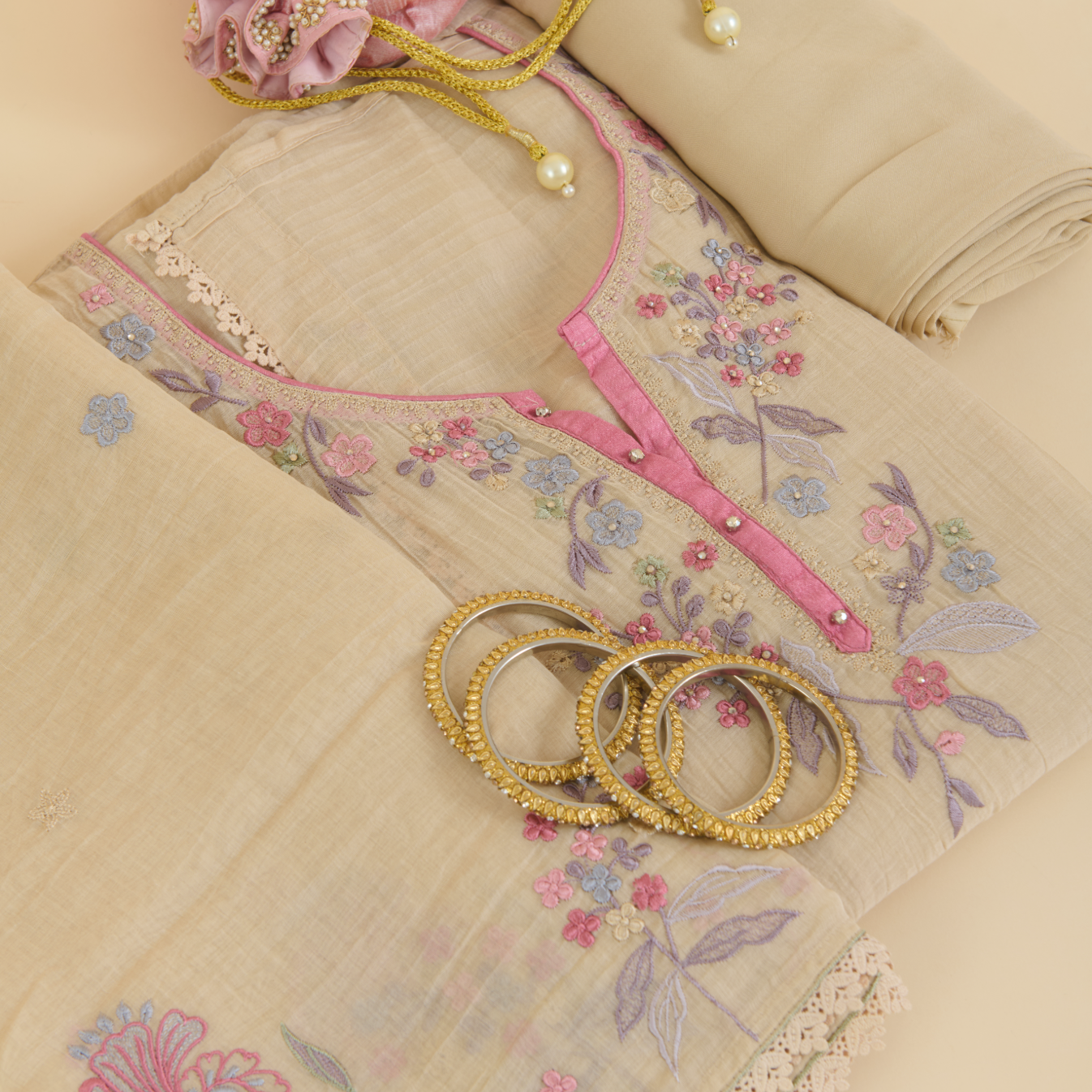 Beige Fine Chanderi Thread & Stone Embroidered Kurta Set