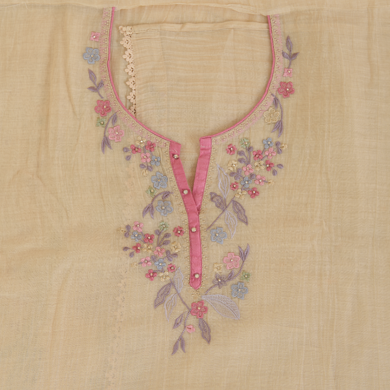 Beige Fine Chanderi Thread & Stone Embroidered Kurta Set