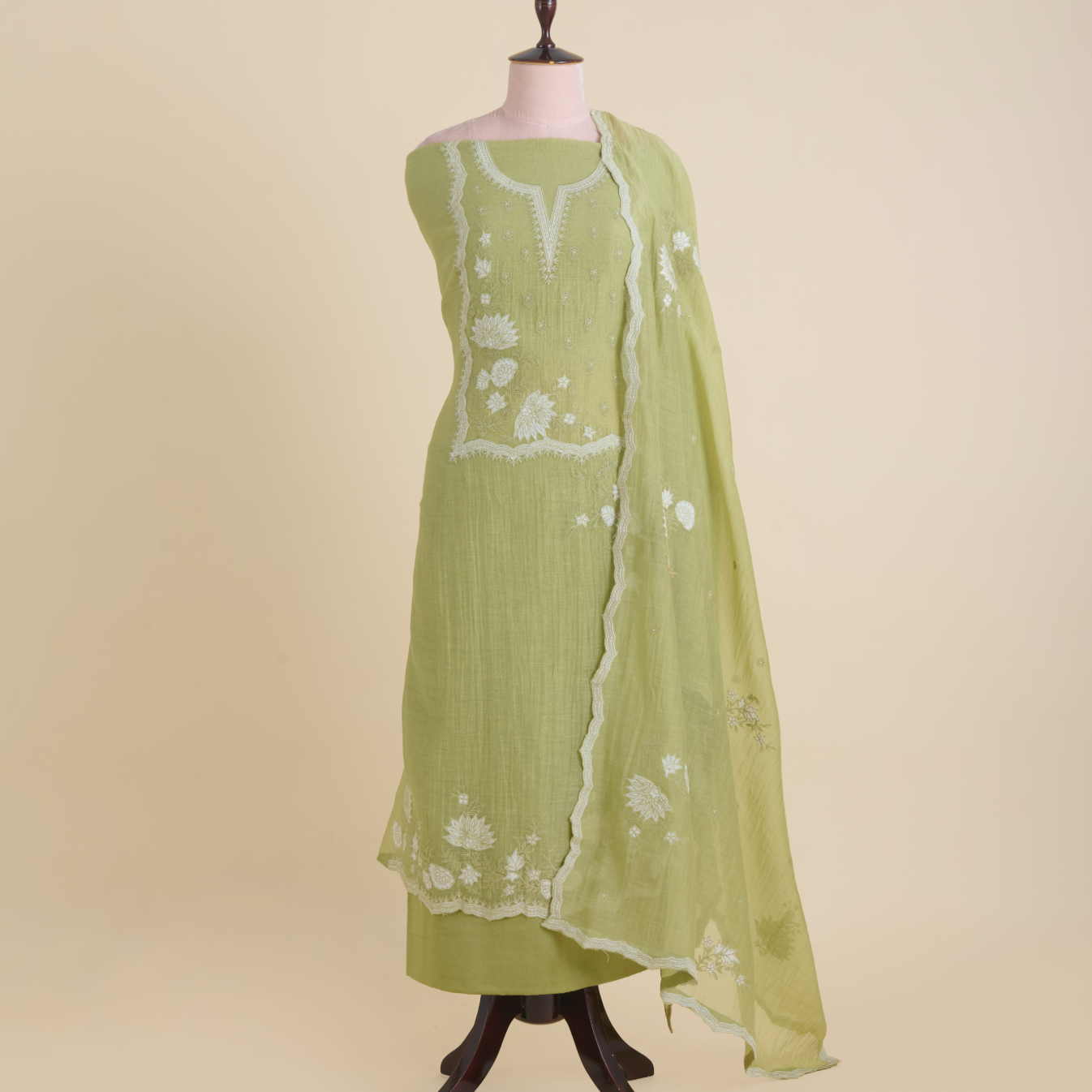 Green Fine Chanderi Thread & Applique Embroidered Suit