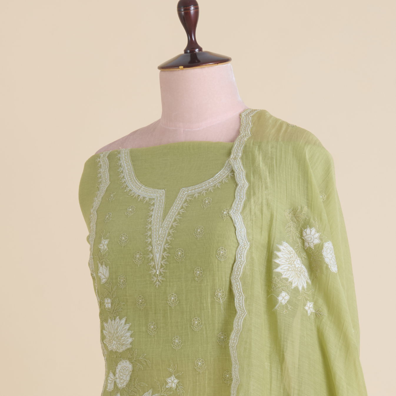 Green Fine Chanderi Thread & Applique Embroidered Suit