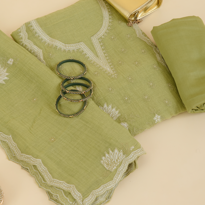 Green Fine Chanderi Thread & Applique Embroidered Suit