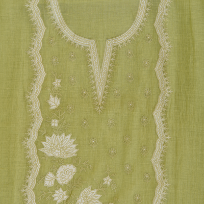 Green Fine Chanderi Thread & Applique Embroidered Suit