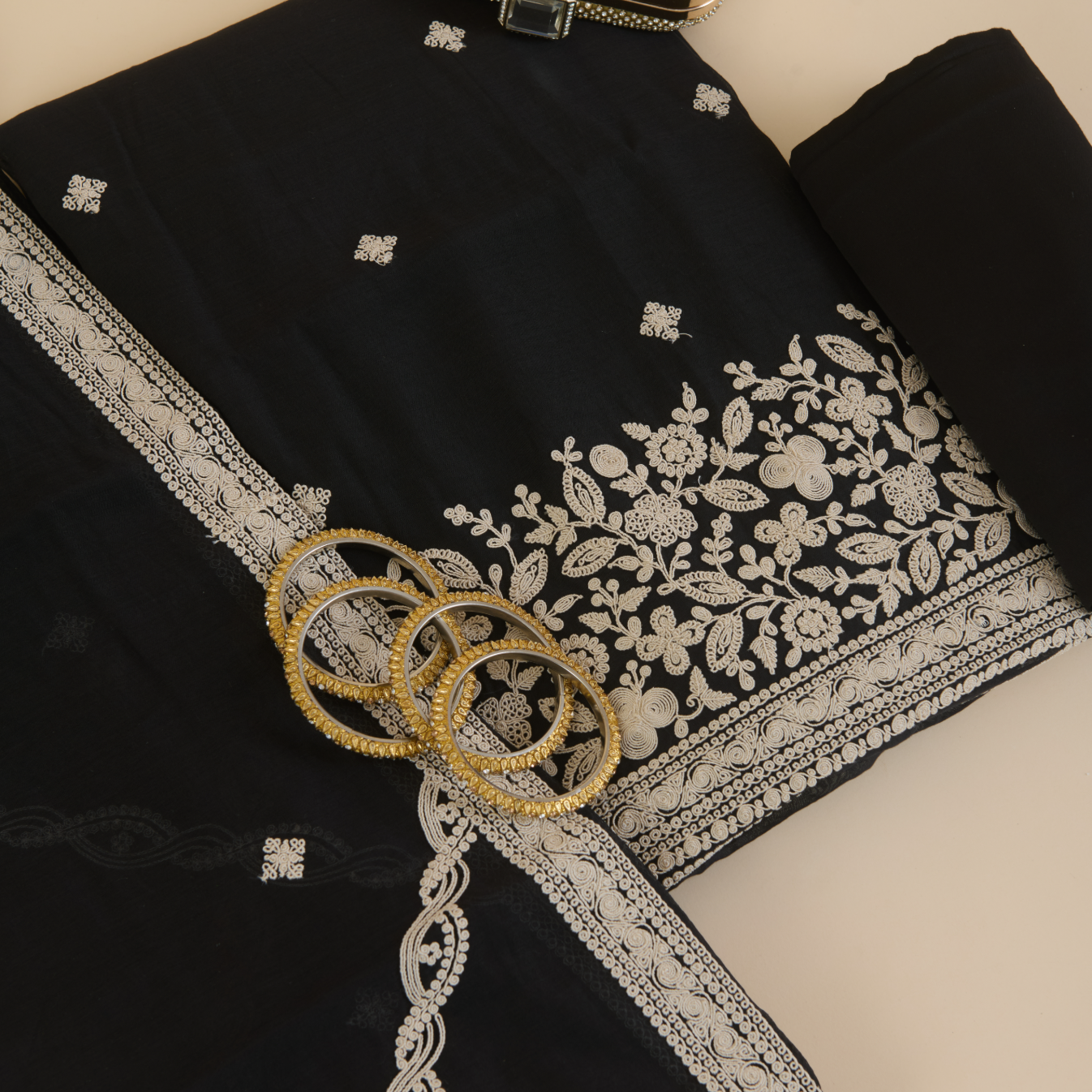 Black Fine Chanderi Resham Dori Embroidered Suit with Dupatta