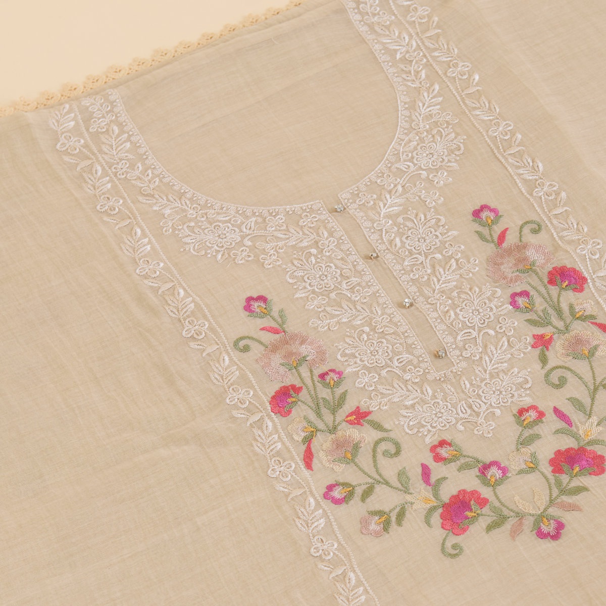 Beige Fine Chanderi Resham Sequin Embroidered Suit Set