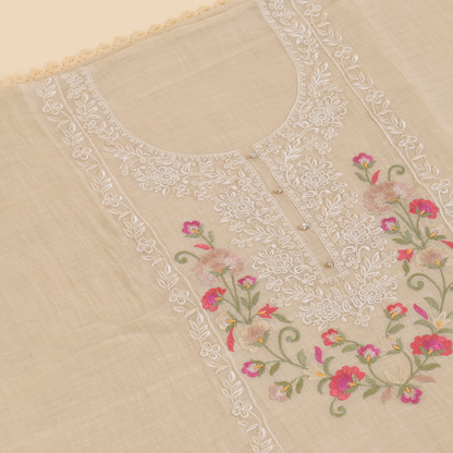 Beige Fine Chanderi Resham Sequin Embroidered Suit Set