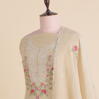 Beige Fine Chanderi Resham Sequin Embroidered Suit Set