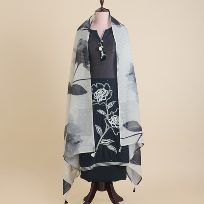 Black Fine Chanderi Semi-Stitched Kurta Set