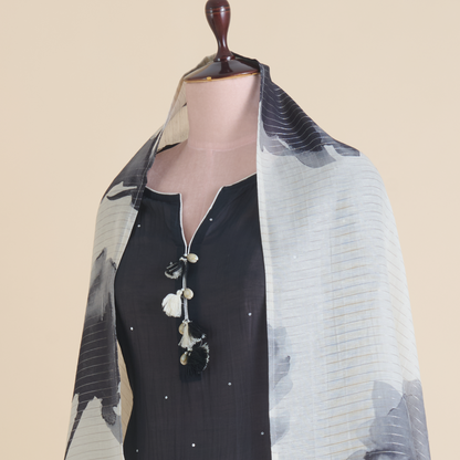 Black Fine Chanderi Semi-Stitched Kurta Set