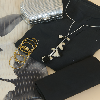 Black Fine Chanderi Semi-Stitched Kurta Set