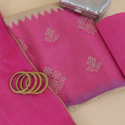 Beige Pink Fine Chanderi Cross Stitch Embroidered Buti Kurta