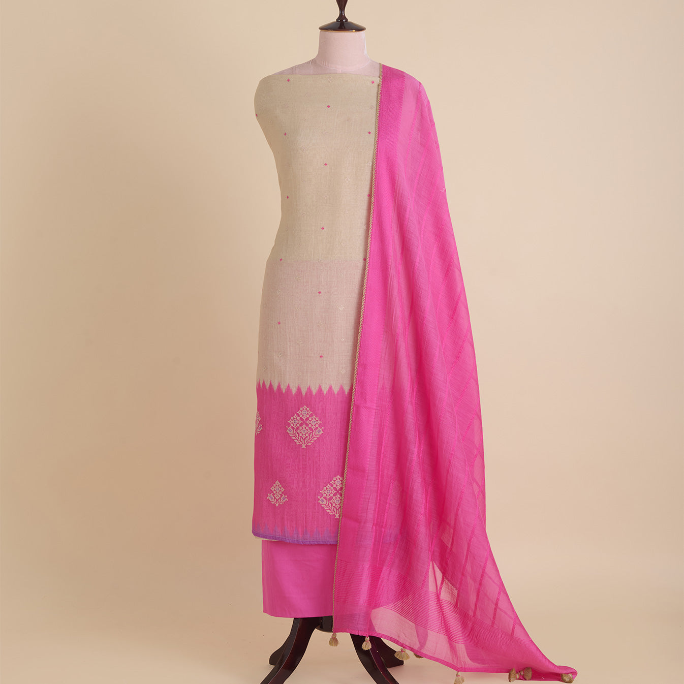 Beige Pink Fine Chanderi Cross Stitch Embroidered Buti Kurta