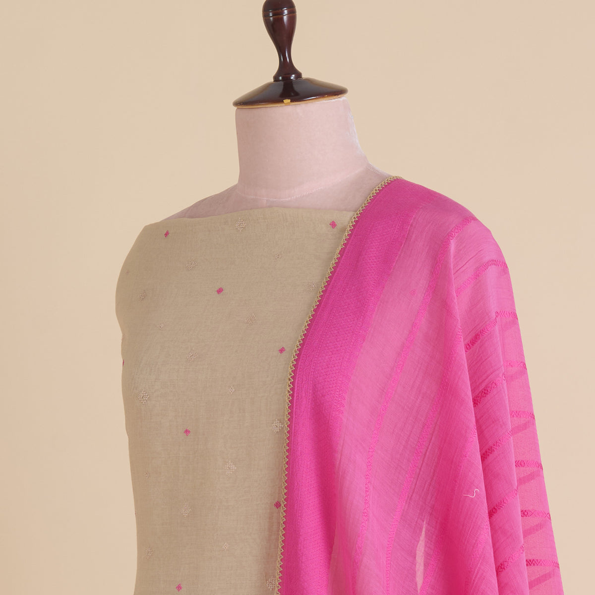 Beige Pink Fine Chanderi Cross Stitch Embroidered Buti Kurta