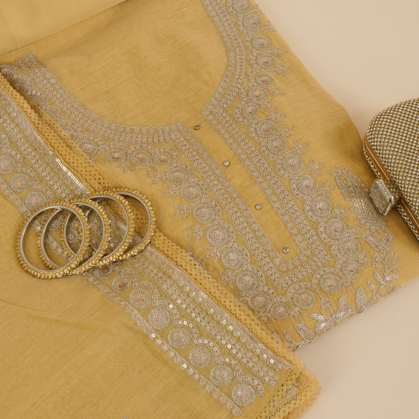 Beige Gold Fine Chanderi Zari Pita Sequin Embroidered Suit