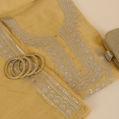 Beige Gold Fine Chanderi Zari Pita Sequin Embroidered Suit