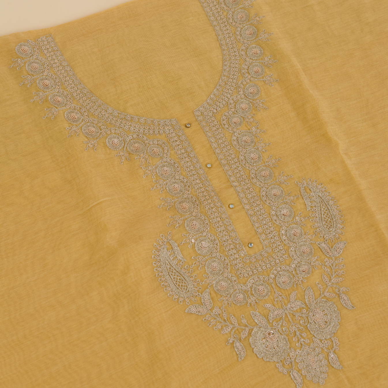 Beige Gold Fine Chanderi Zari Pita Sequin Embroidered Suit