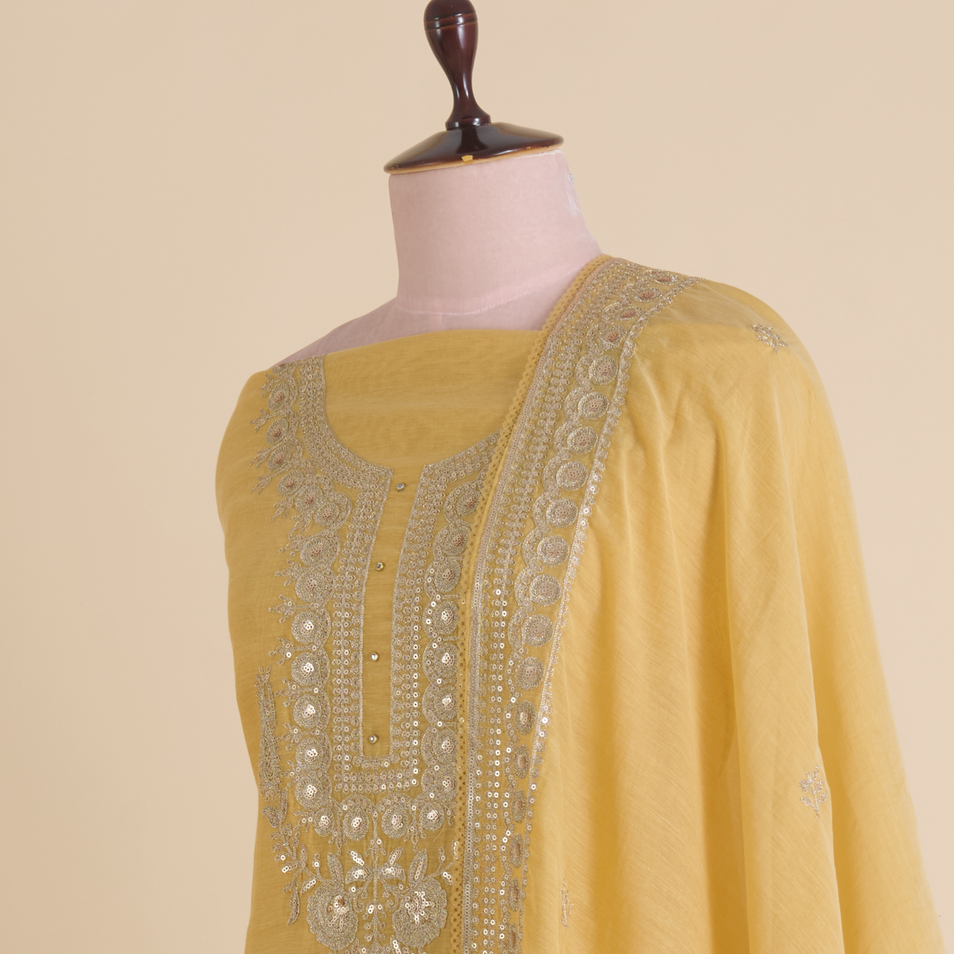 Beige Gold Fine Chanderi Zari Pita Sequin Embroidered Suit