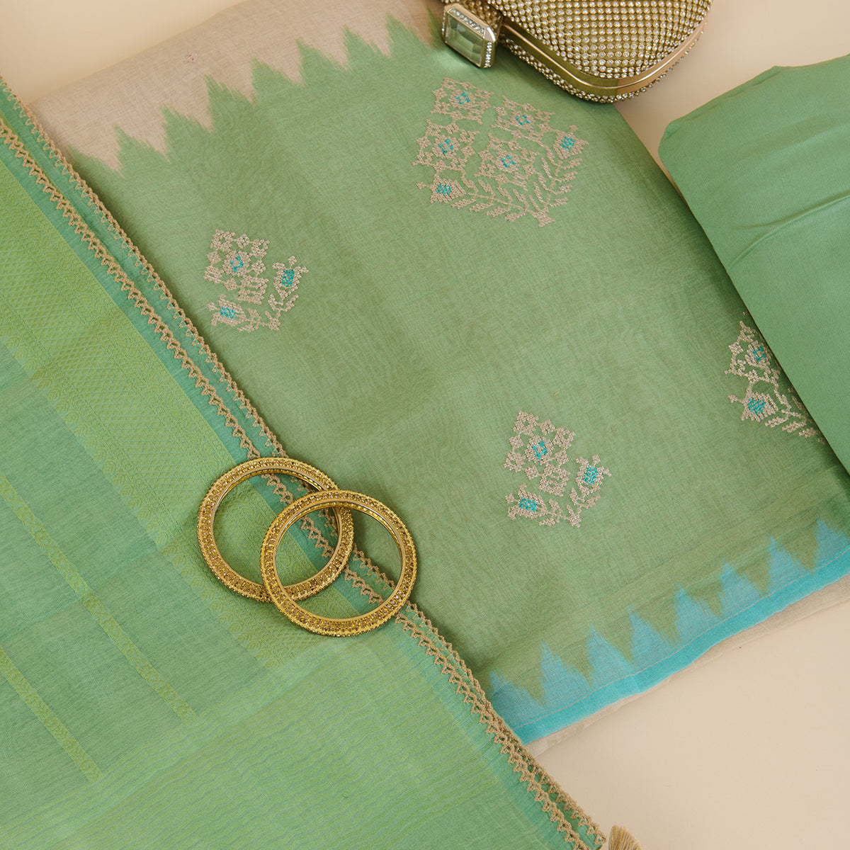 Beige Green Fine Chanderi Cross-Stitch Embroidered Buti Kurta