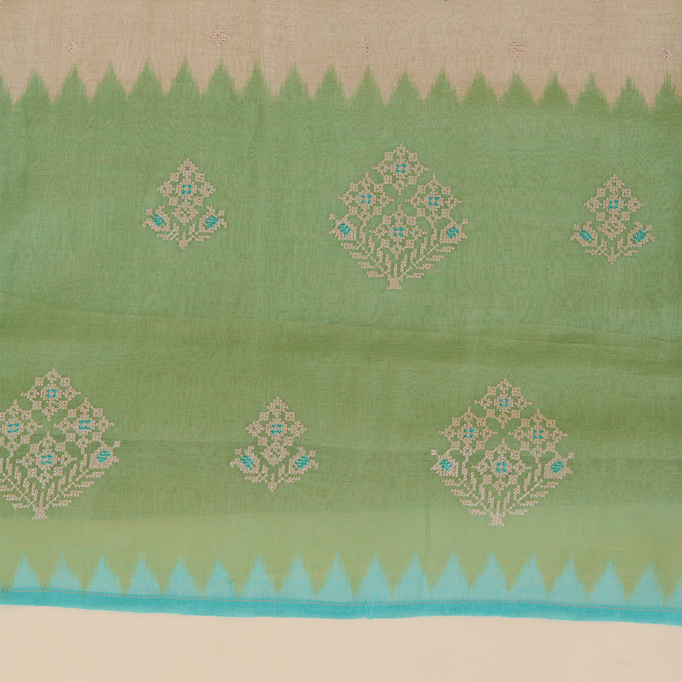 Beige Green Fine Chanderi Cross-Stitch Embroidered Buti Kurta