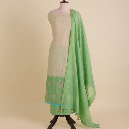 Beige Green Fine Chanderi Cross-Stitch Embroidered Buti Kurta