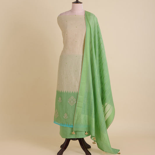 Beige Green Fine Chanderi Cross-Stitch Embroidered Buti Kurta