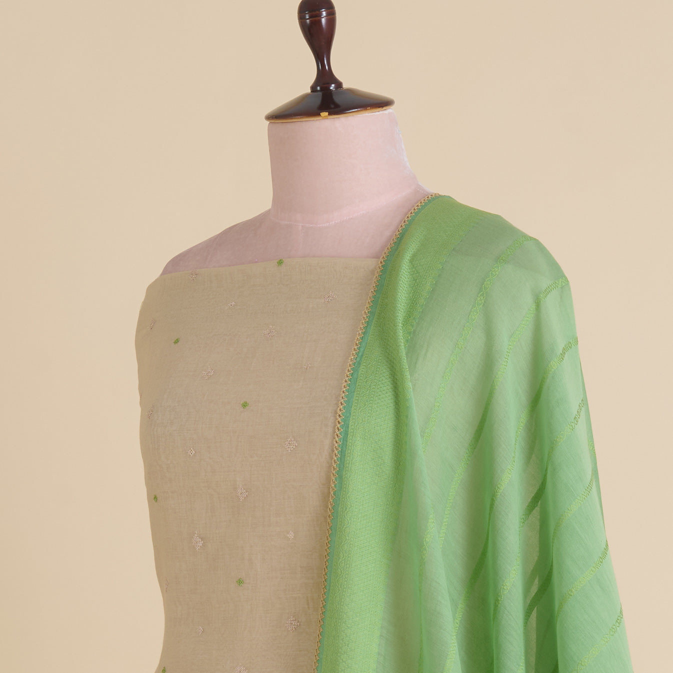 Beige Green Fine Chanderi Cross-Stitch Embroidered Buti Kurta
