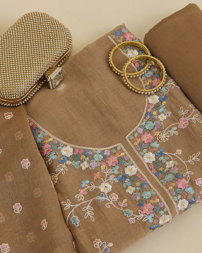Brown Mal Chanderi Kurta Set with Resham Embroidery