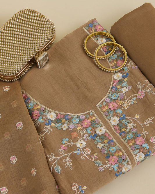 Brown Mal Chanderi Kurta Set with Resham Embroidery