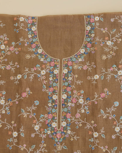 Brown Mal Chanderi Kurta Set with Resham Embroidery