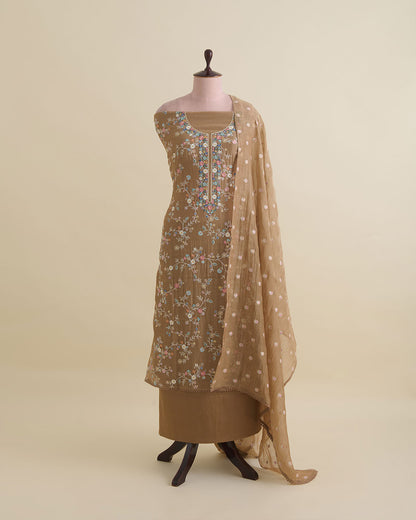 Brown Mal Chanderi Kurta Set with Resham Embroidery