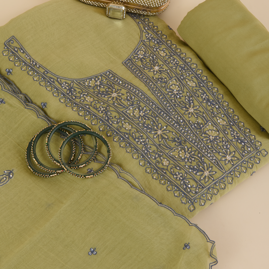 Chutney Green Fine Chanderi Resham Zari Embroidered Suit