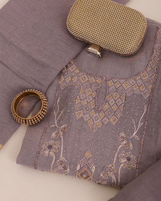 Cement Grey Fine Chanderi Embroidered Suit with Dupatta & Shantoon Bottom