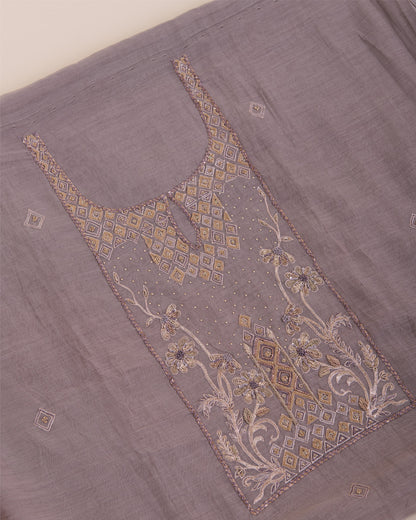 Cement Grey Fine Chanderi Embroidered Suit with Dupatta & Shantoon Bottom